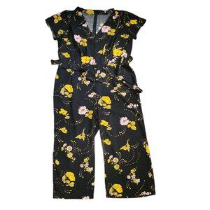 Modcloth Jumpsuit Womens Plus Size 1X Black Floral Orange Short Sleeve Belted